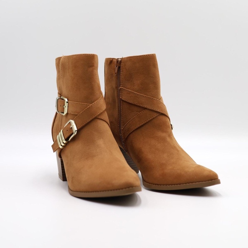 Sun + Stone Tan Suede Ankle Booties‎ with Strap Detail